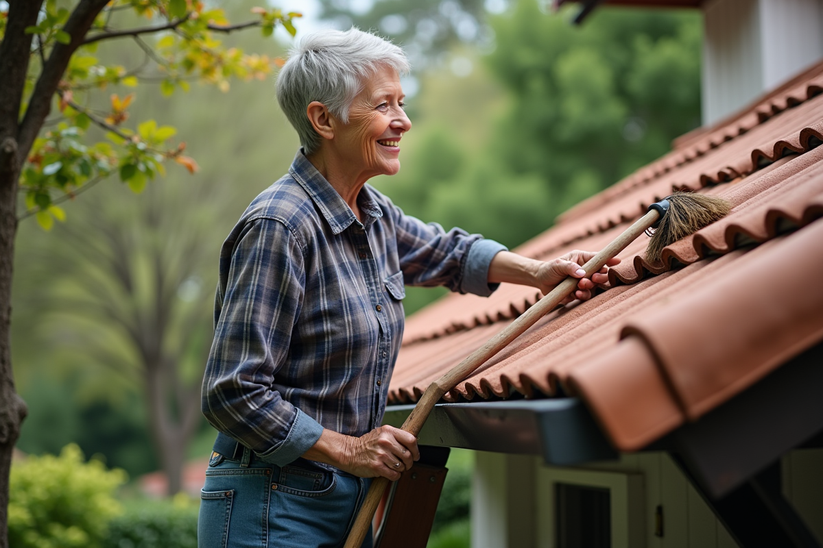 Femme senior nettoyant doucement ses tuiles de toit avec une brosse longue