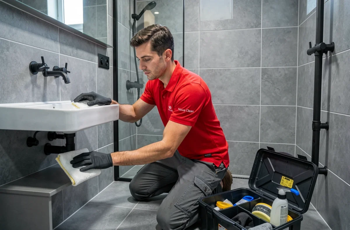 Technicien Nova Clean en polo rouge nettoyant les équipements d'une salle de bain moderne aux carreaux gris