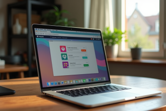 Ordinateur portable sur un bureau en bois avec extensions colorées