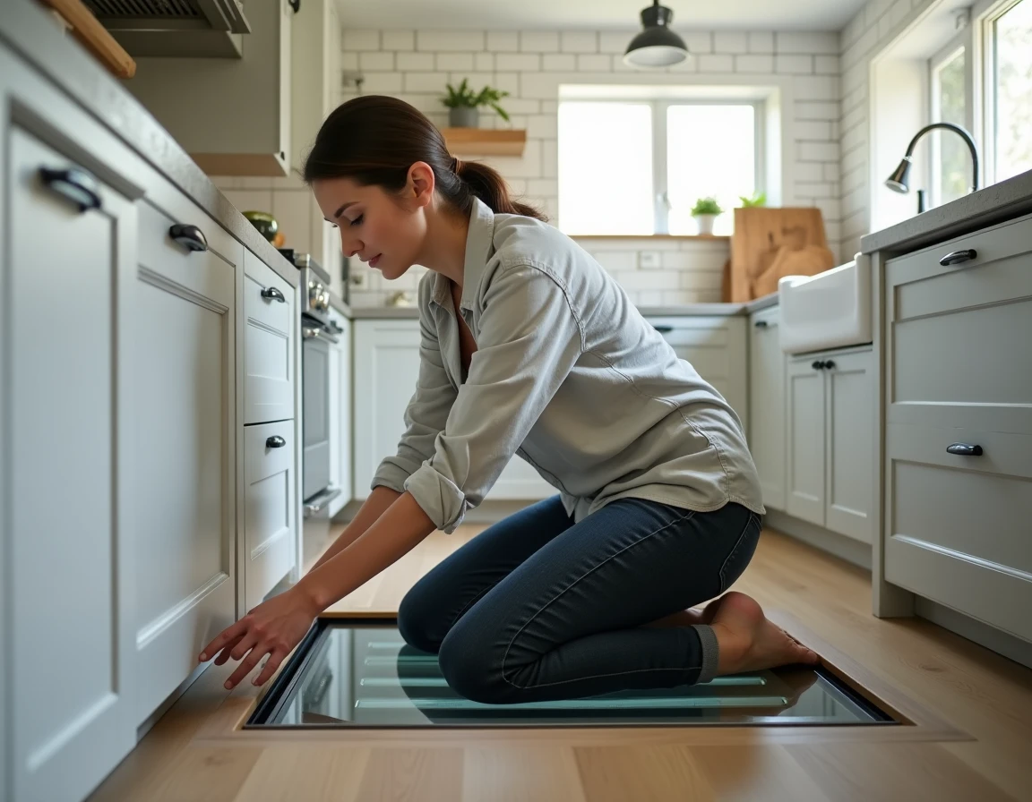 Femme ouvrant une trappe en verre dans le sol d'une cuisine contemporaine pour accéder à la cave