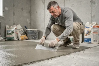 Ouvrier du bâtiment appliquant un ragréage autonivelant sur sol en béton avec une taloche métallique lors d'une rénovation