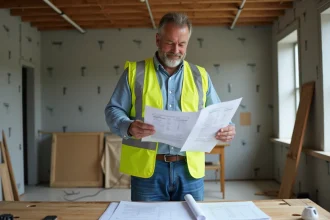 Ouvrier en gilet jaune examine devis sur chantier