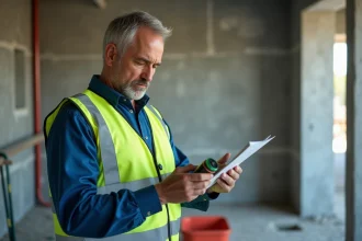 Ouvrier de construction lisant une cartouche de ciment