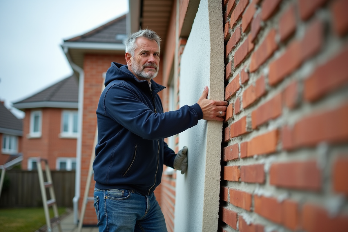 Ouvrier posant une laine mineral sur un mur extérieur