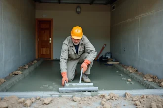 Ouvrier du bâtiment lissant une dalle de béton fraîchement coulée dans un garage résidentiel vide