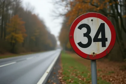 Panneau de signalisation B34 interdiction de dépasser sur route rurale française en automne