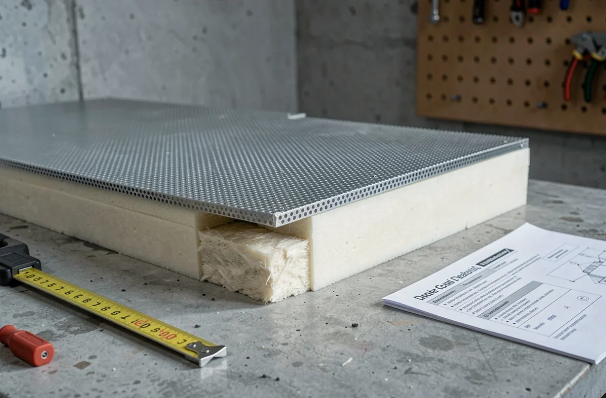 Panneau insonorisé pour caisson anti-bruit de pompe à chaleur avec mousse acoustique visible
