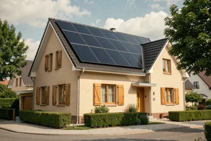 Maison individuelle de 120 m² équipée de panneaux solaires photovoltaïques sur le toit en pente