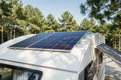 Panneau solaire monocristallin installé sur le toit d'une caravane blanche garée dans un camping entouré de pins