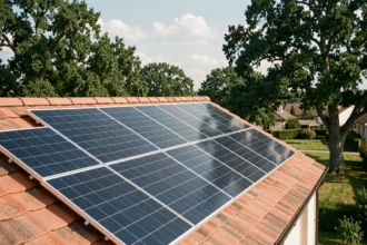 Rangée de panneaux photovoltaïques monocristallins installés sur un toit en tuiles d'une maison individuelle pour produire 6000 kWh par an