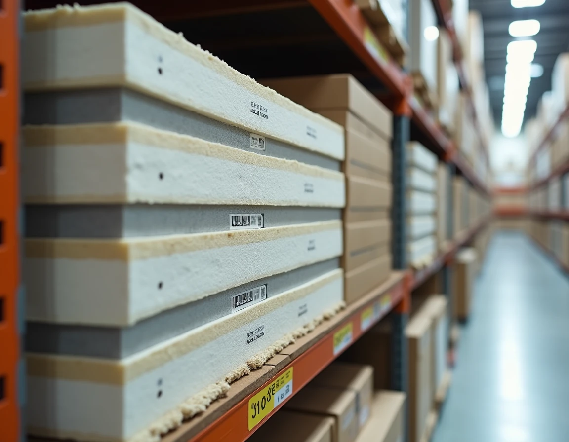 Panneaux de placo isolant en coupe transversale sur des étagères de grande surface bricolage montrant les différentes épaisseurs disponibles