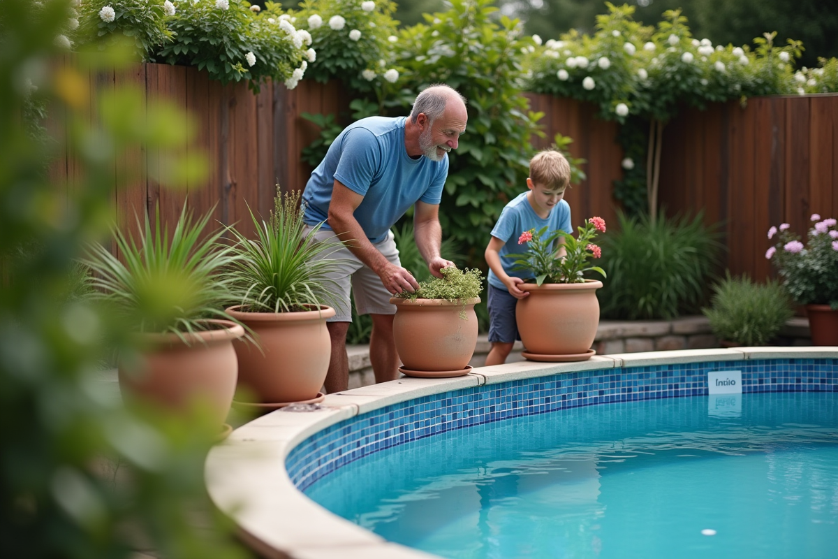 Père et enfant plantant des pots autour de la piscine
