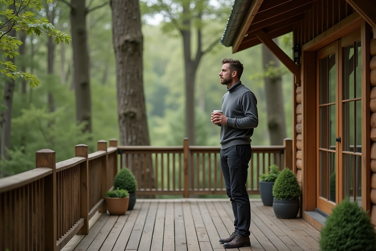 Homme en pause télétravail sur la terrasse en bois d'un chalet forestier au Bois d'Ormes, entouré d'arbres matures