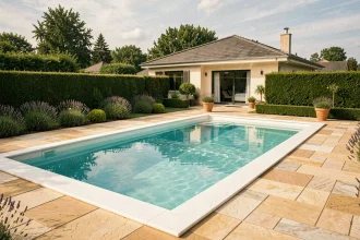 Piscine rectangulaire clé en main installée dans un jardin résidentiel français avec carrelage en grès et eau turquoise