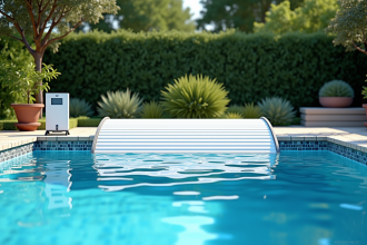 Piscine extérieure moderne avec couverture automatique partiellement fermée