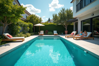 Piscine moderne dans un jardin familial en été