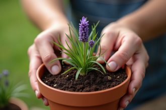 Main plantant une lavande dans un pot en extérieur