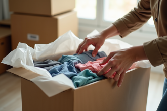 Personne plie des vêtements dans une boîte en carton lumineuse