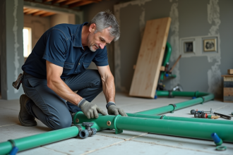 Plombier homme assemble tuyaux PPR dans un sous-sol