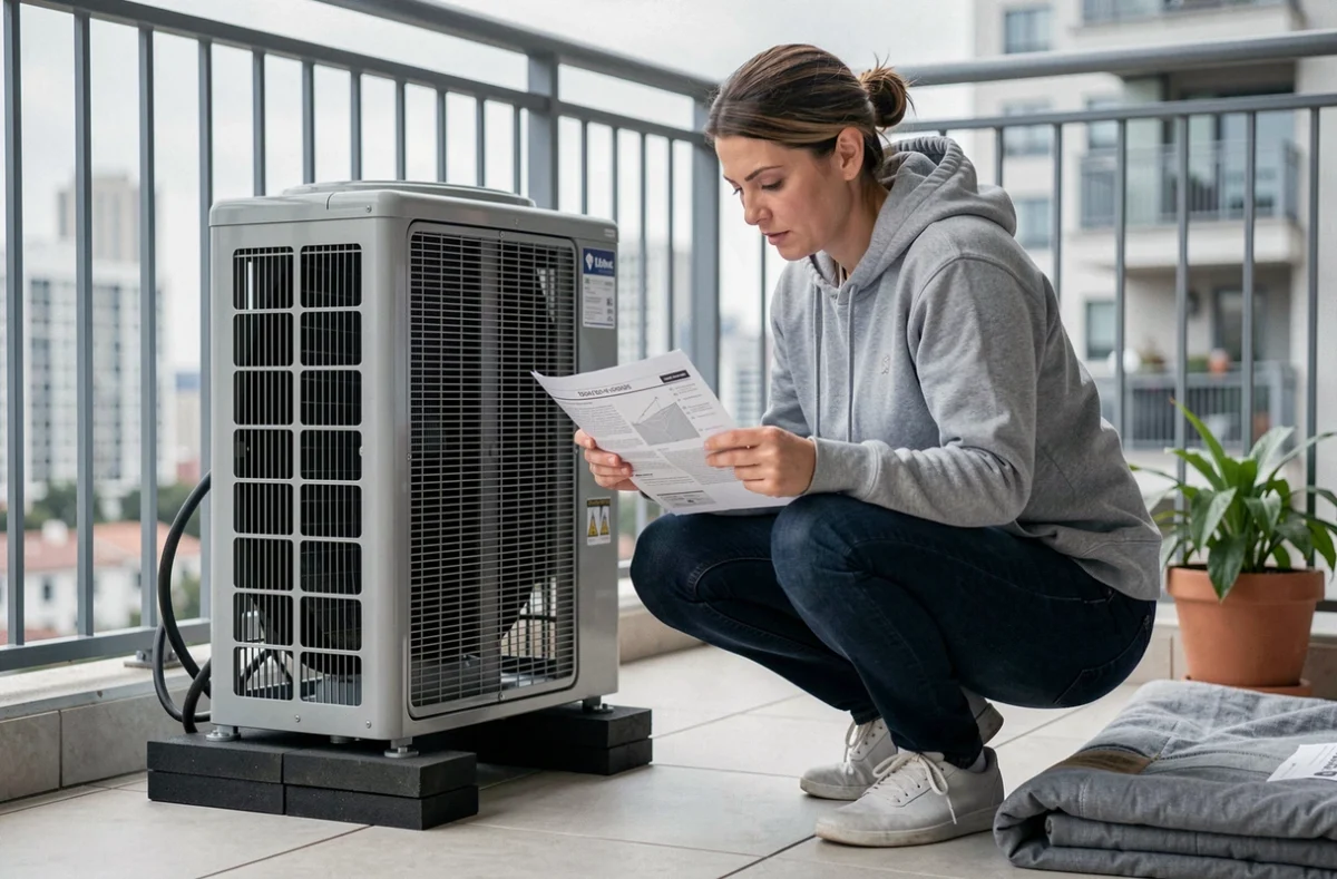 Femme posant des plots anti-vibration sous une pompe à chaleur sur un balcon d'appartement urbain pour réduire le bruit