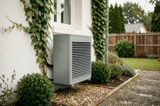 Pompe à chaleur air eau installée sur la façade extérieure d'une maison pavillonnaire française