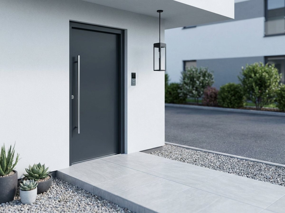 Porte d'entrée anthracite contemporaine sur façade blanche avec poignée en acier inoxydable et sonnette vidéo intégrée dans un pavillon moderne