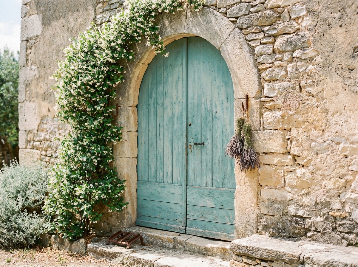 Porte d'entrée en bois turquoise patiné encadrée d'une arche en pierre et de jasmin grimpant sur une ferme provençale authentique