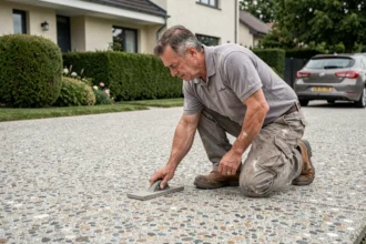 Ouvrier posant du béton désactivé sur une allée de maison individuelle avec finition granulat visible
