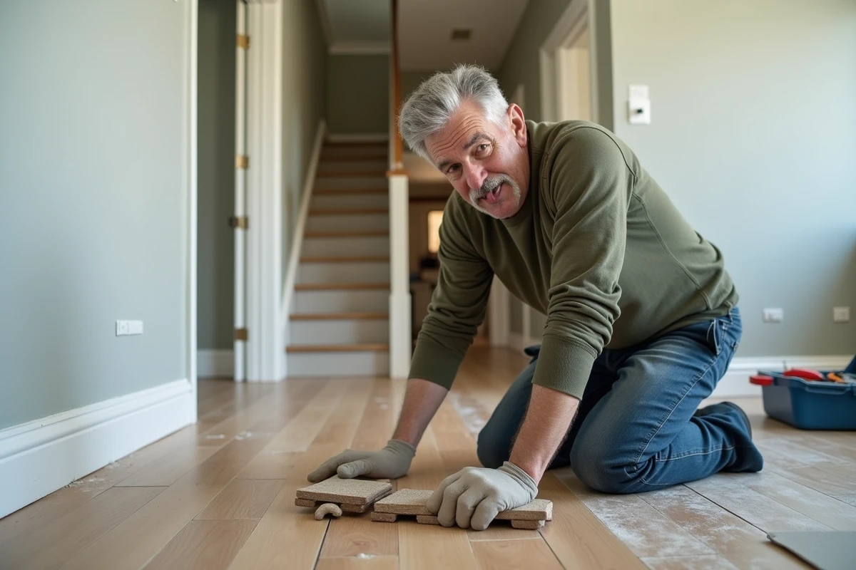 Homme posant un carrelage de sol dans un couloir lors de travaux de rénovation intérieure