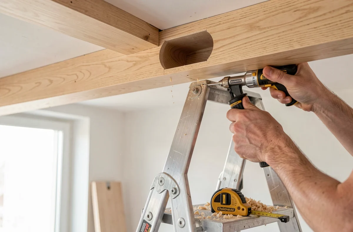 Pose d'une fausse poutre creuse au plafond avec de la colle