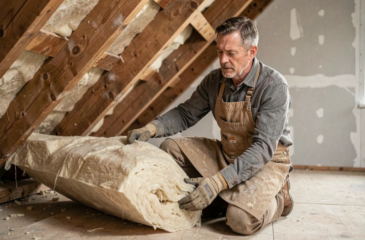 Artisan posant de la laine isolante entre les solives d'un toit lors de travaux de rénovation de combles