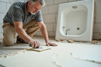 Carreleur professionnel étalant du mortier colle blanc sur le sol d'une salle de bain en rénovation pour la pose d'un receveur de douche extra plat
