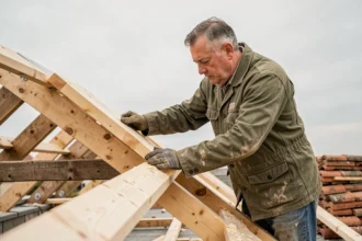Charpentier posant une volige en bois sur une charpente de toit avec soin et précision