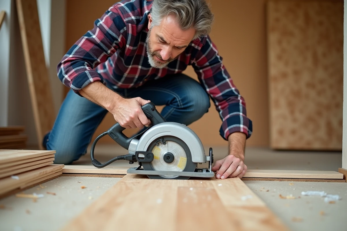 Homme en jeans et chemise guide une scie circulaire sur parquet