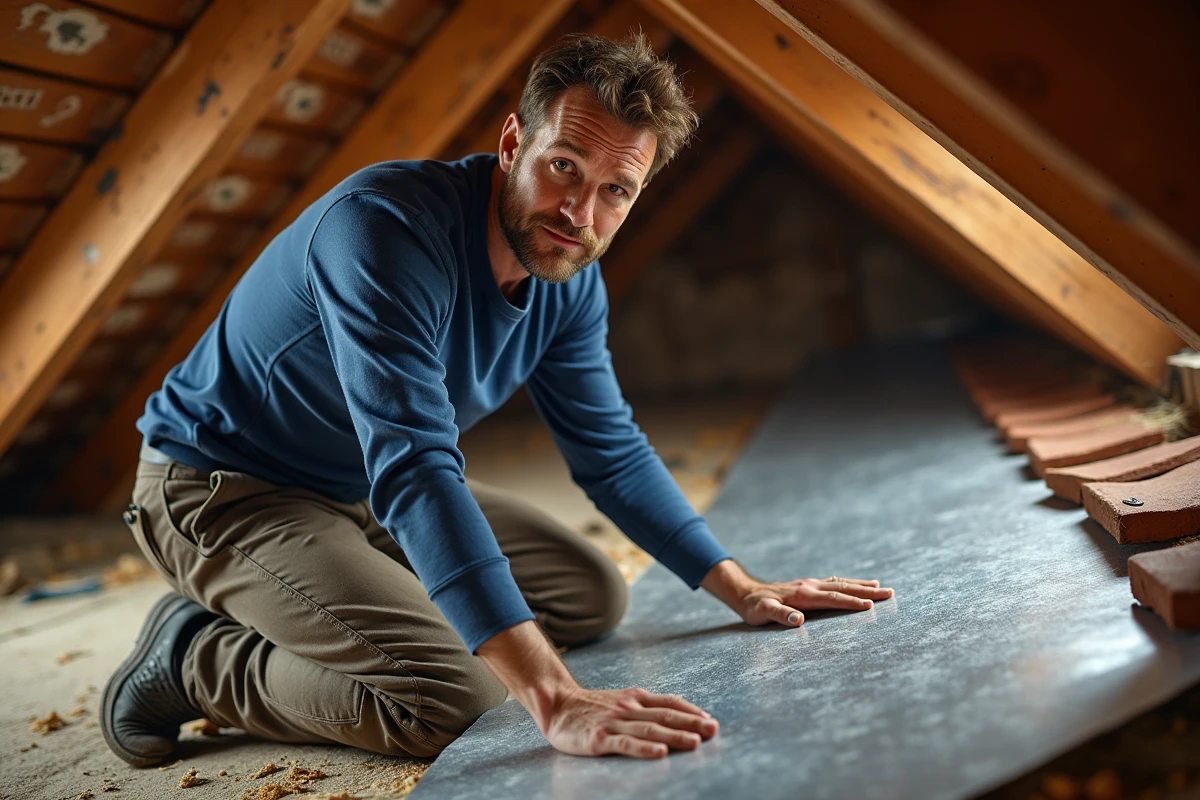 Couvreur middleaged posant isolation sous toiture en attique