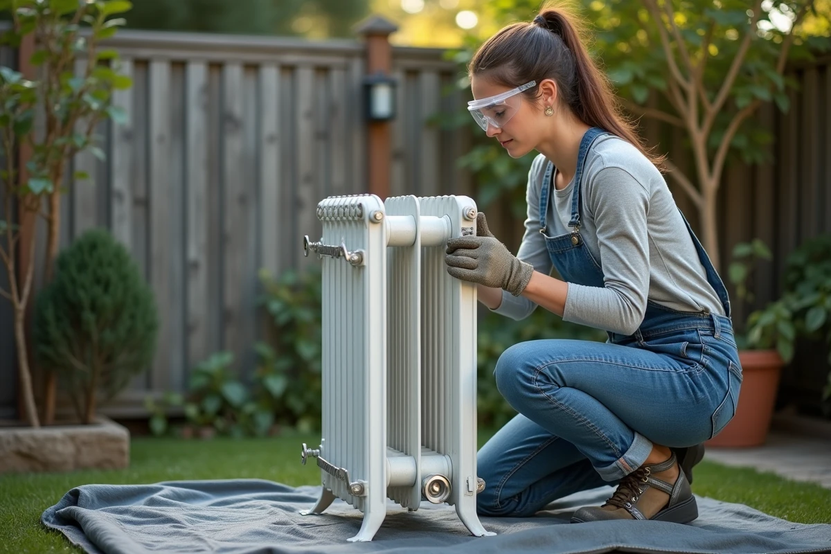 Jeune femme préparant un radiateur en extérieur