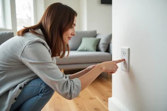 Femme installant une prise murale connectée dans un salon moderne et minimaliste pour une maison domotique