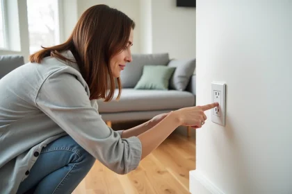Femme installant une prise murale connectée dans un salon moderne et minimaliste pour une maison domotique