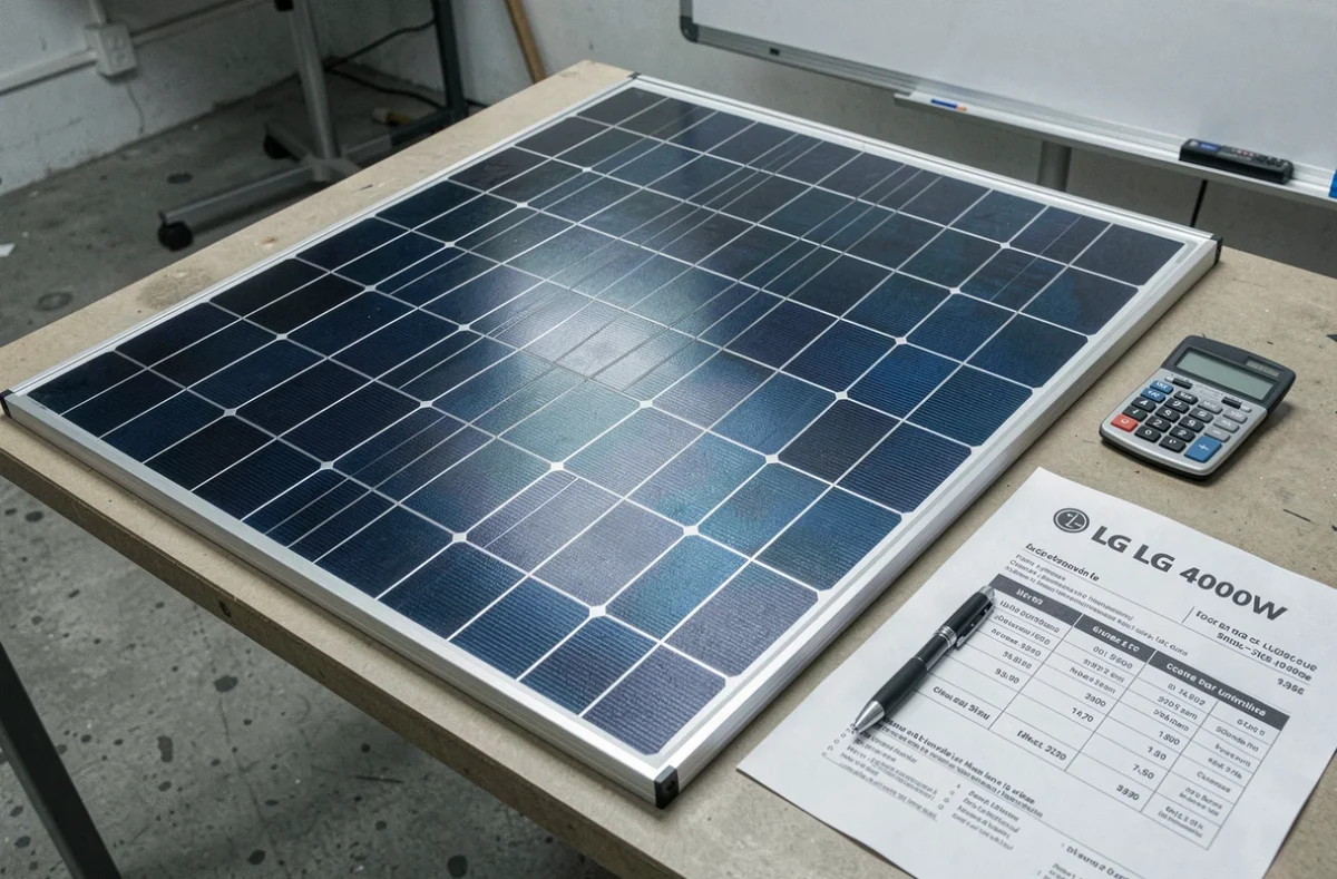 Devis de prix pour un panneau solaire LG 400W posé sur une table avec calculatrice