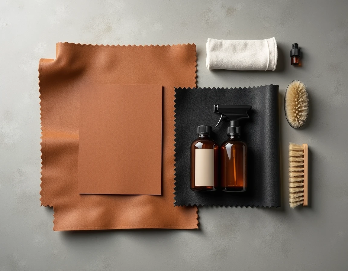 Plat posé de produits nettoyants pour cuir avec échantillons de cuir lisse et grainé sur surface en béton gris