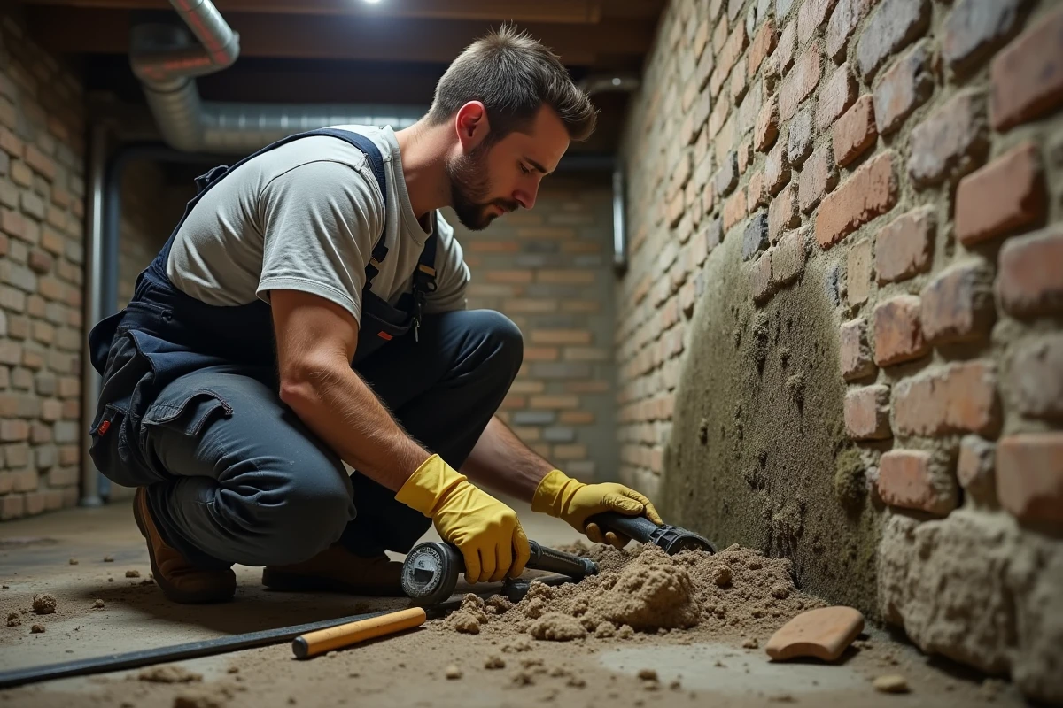 Ouvrier en tenue de travail nettoyant une moisissure sur un mur de cave