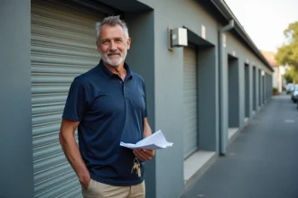 Propriétaire devant un box garage loué tenant les clés et un contrat de location