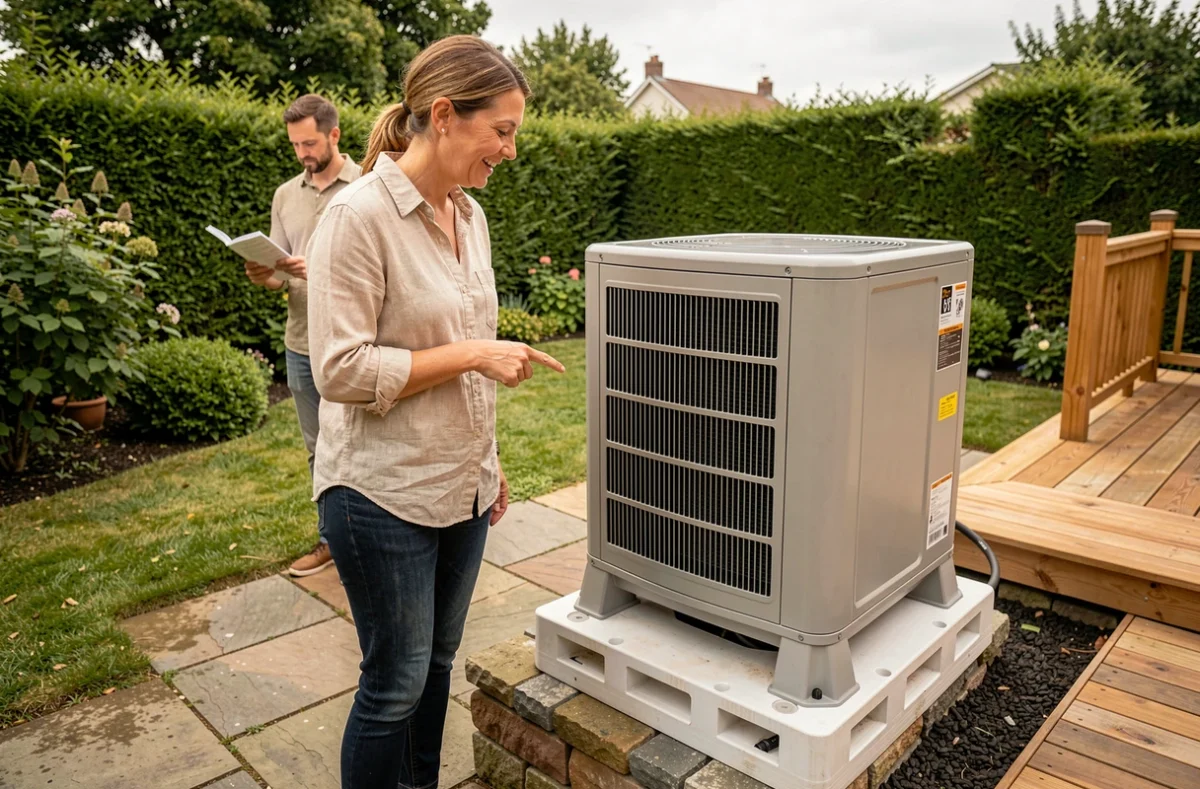 Propriétaire découvrant le socle de sa pompe à chaleur nouvellement installée dans son jardin