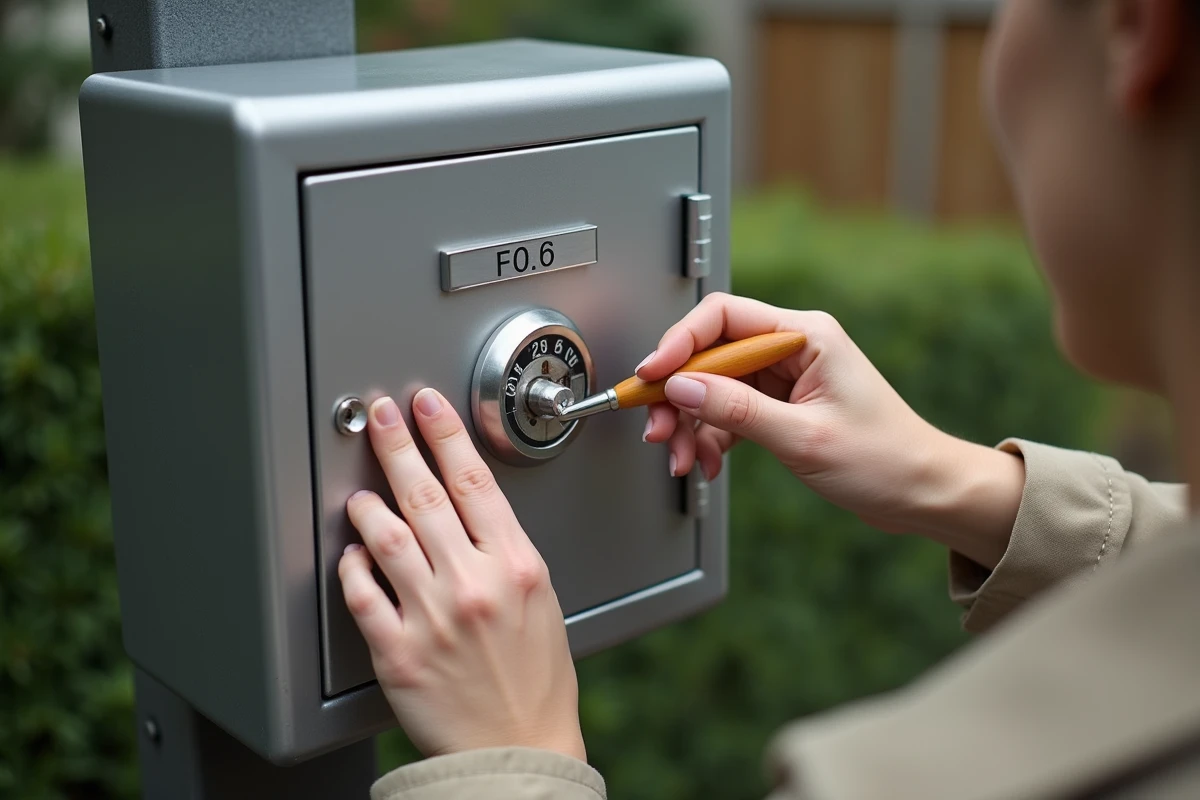 Application d'un spray anti-rouille sur une boîte à clé code en acier inoxydable montée sur un poteau extérieur