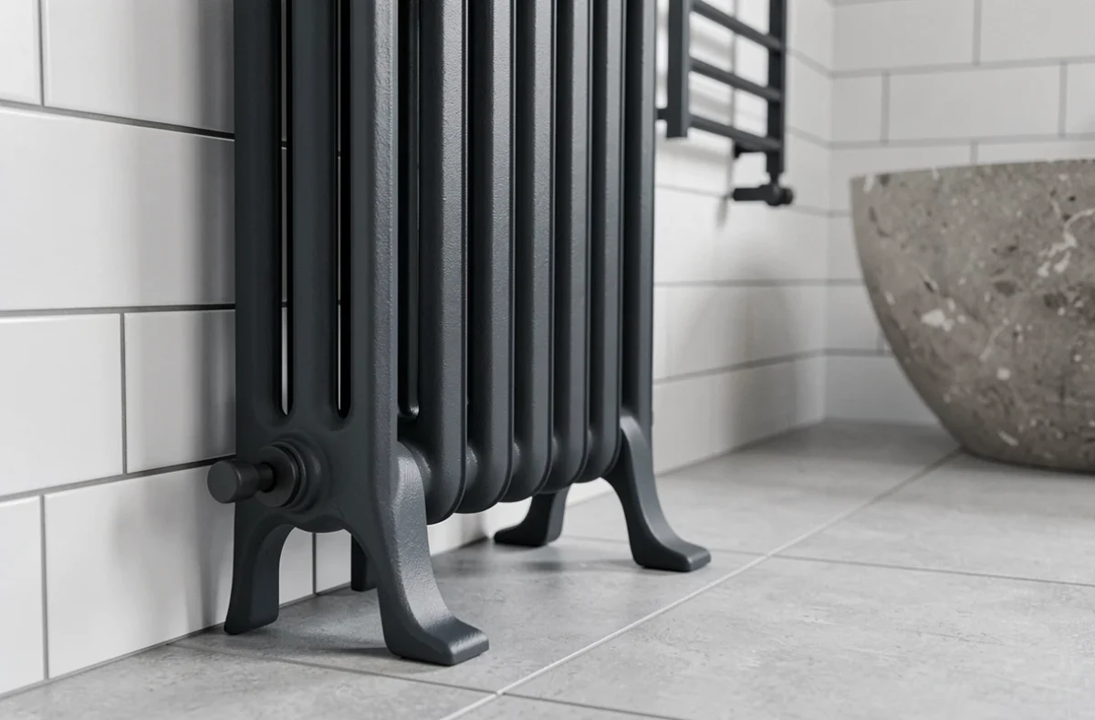 Radiateur fonte anthracite à pieds design dans une salle de bain minimaliste avec baignoire îlot et carrelage blanc mat