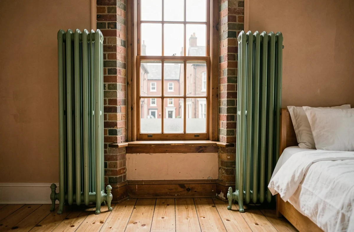 Paire de radiateurs en fonte vert sauge à pieds cabriole encadrant une fenêtre à guillotine dans une chambre victorienne rénovée