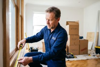 Artisan mesurant une fenêtre en bois dans un salon en cours de rénovation, matériel de chantier au premier plan