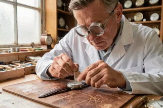 Horloger remplaçant la pile d'une montre analogique dans un atelier professionnel