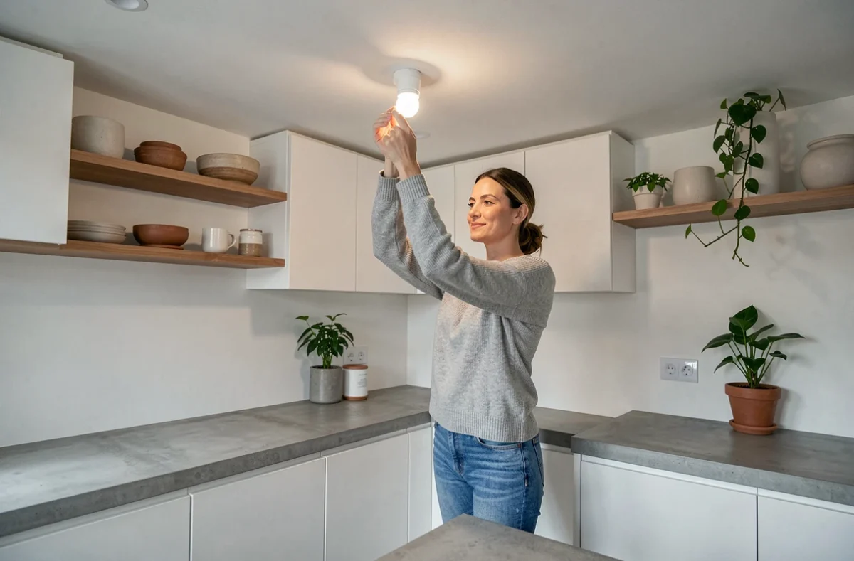 Femme remplaçant un spot halogène par une ampoule LED dans une cuisine moderne, démontrant l'économie d'énergie en pratique