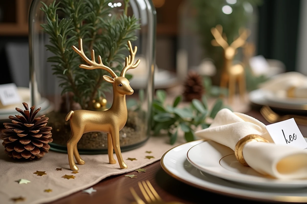 Gros plan sur des rennes décoratifs dorés en métal brossé intégrés dans un art de table raffiné avec eucalyptus, pommes de pin et marque-places en calligraphie